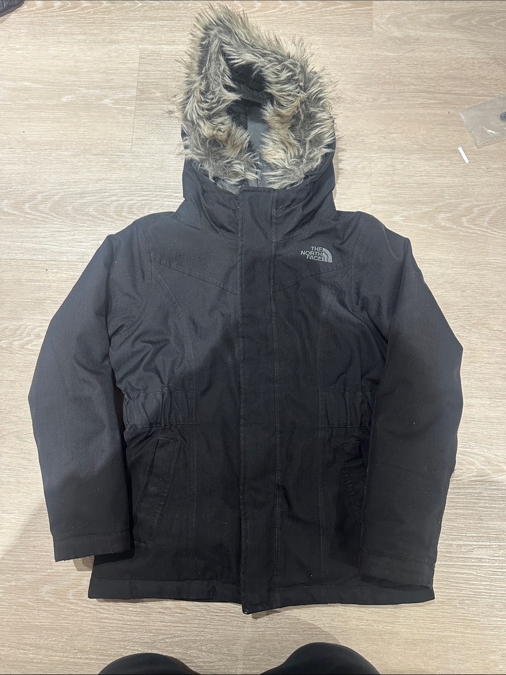 The North Face Kids Black Puffer Jacket with Faux Fur Hood Trim